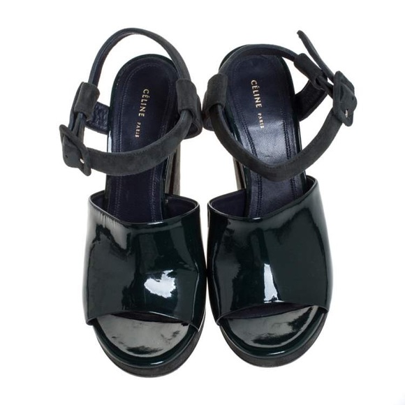 Celine Green Patent Leather And Suede Ankle Strap Open Toe Platform Sandals 37 - Picture 5 of 8